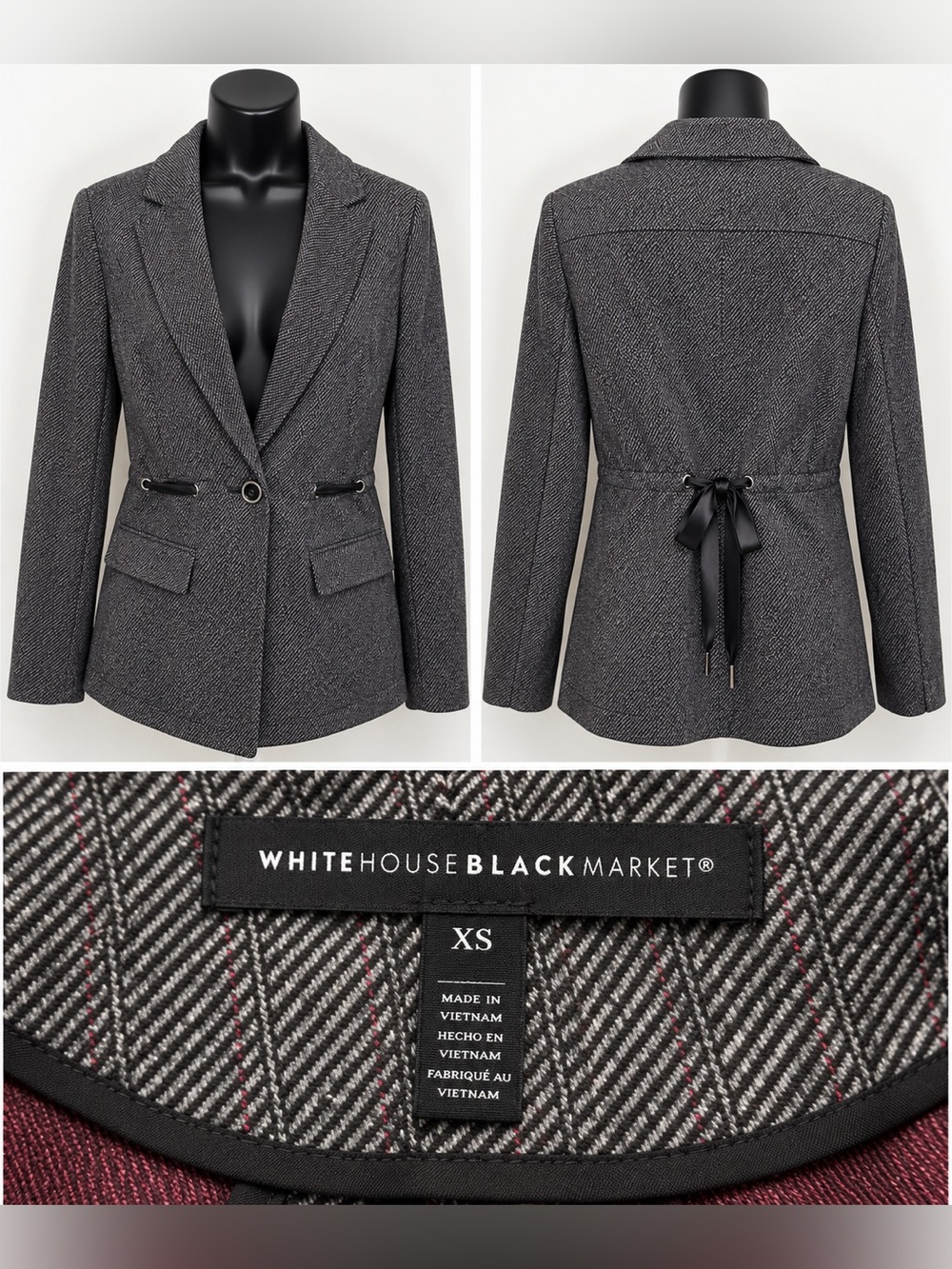White House Black Market Gray Herringbone Drawstring-Back Blazer